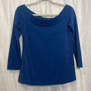 Space Blue with metallic shimmer. 3/4 length sleeves. Fitted and off shoulder.
